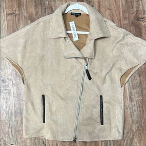 Boho Chic Beige Leather Jacket with Black Accents